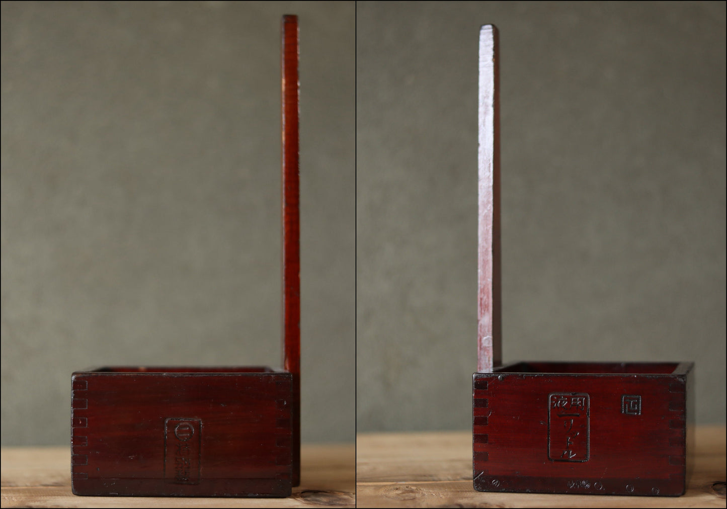 Japanese antique measuring box urushi Lacquer"枡MASU" with a handle ,sake ladle wood Kanji calligraphy 1920s H12.8×5.5in/H32.5×14cm