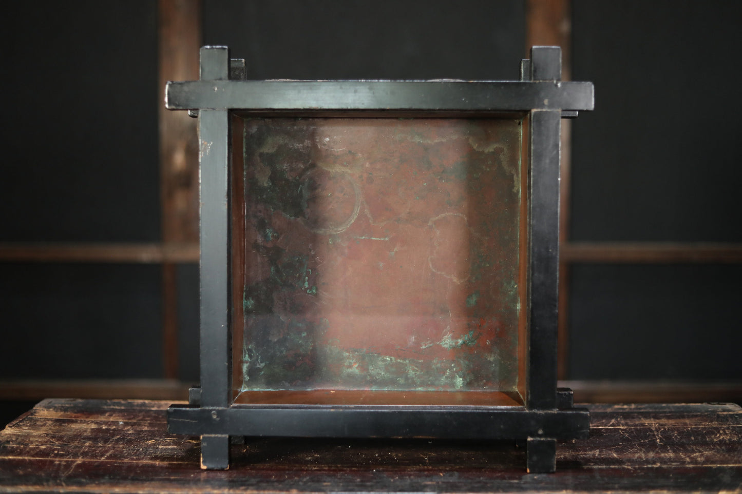 Large! Japanese antique 1910s Suiban /Bronze HIBACHI brazier/ made of hunaita wood ,urushi lacquer, bronze For IKEBANA or Tea W17.7in/W45cm