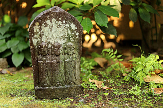 Japanese antique 1700s stone sculpture of 3 Jizo, Ksitigarbha-bodhisattva from buddhist garden furniture, religious statue  H17.1in/H43.5cm