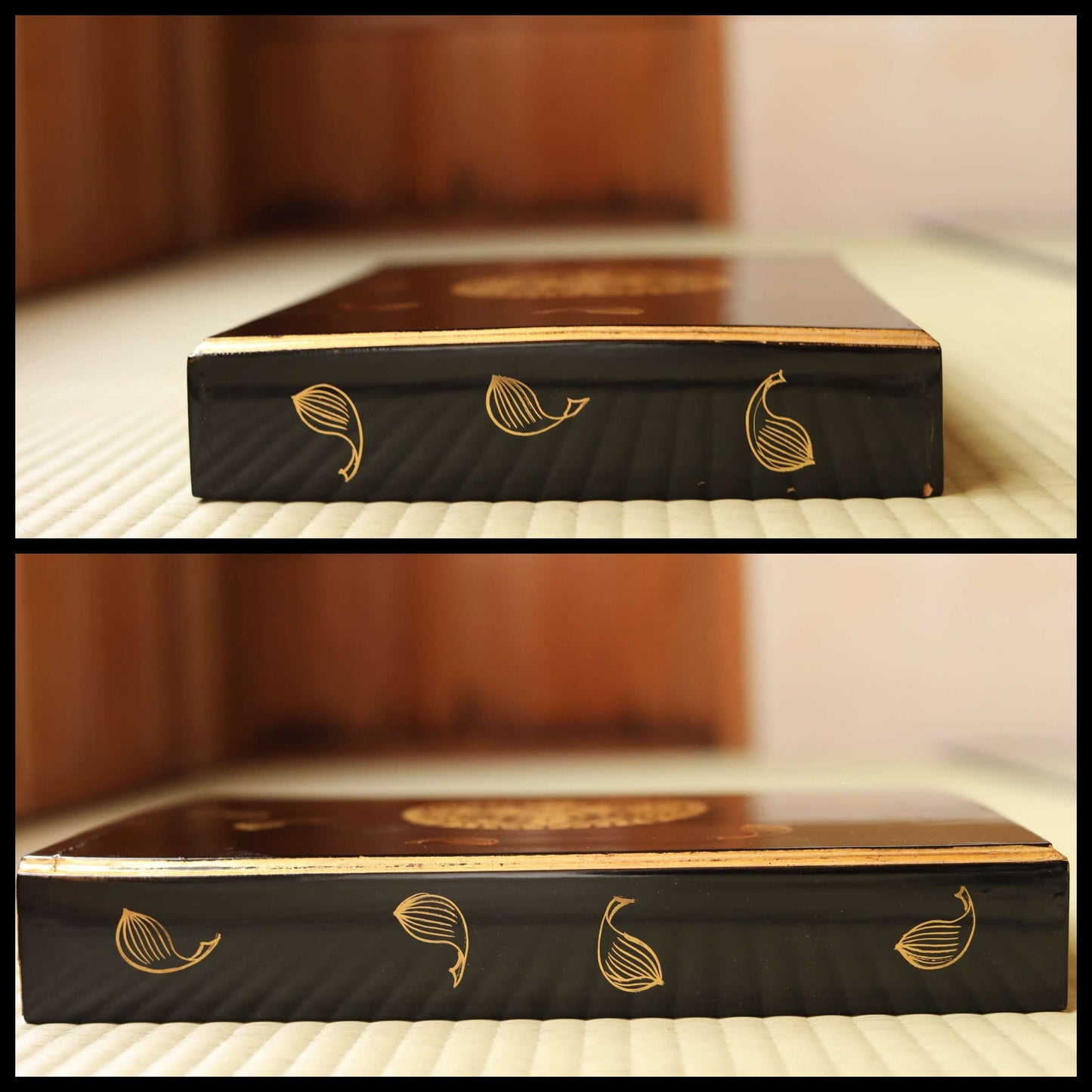 Japanese Makie Black urushi Lacquer Gold wisteria crest wooden box with 10 Buddhist sutra booklets, lacquer furniture 13.8×10in/35×25.3cm