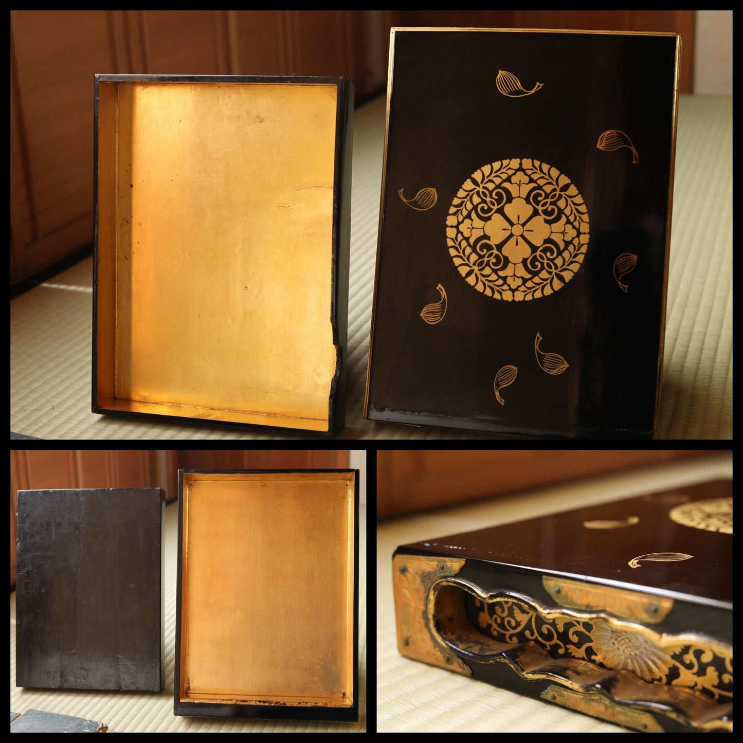Japanese Makie Black urushi Lacquer Gold wisteria crest wooden box with 10 Buddhist sutra booklets, lacquer furniture 13.8×10in/35×25.3cm