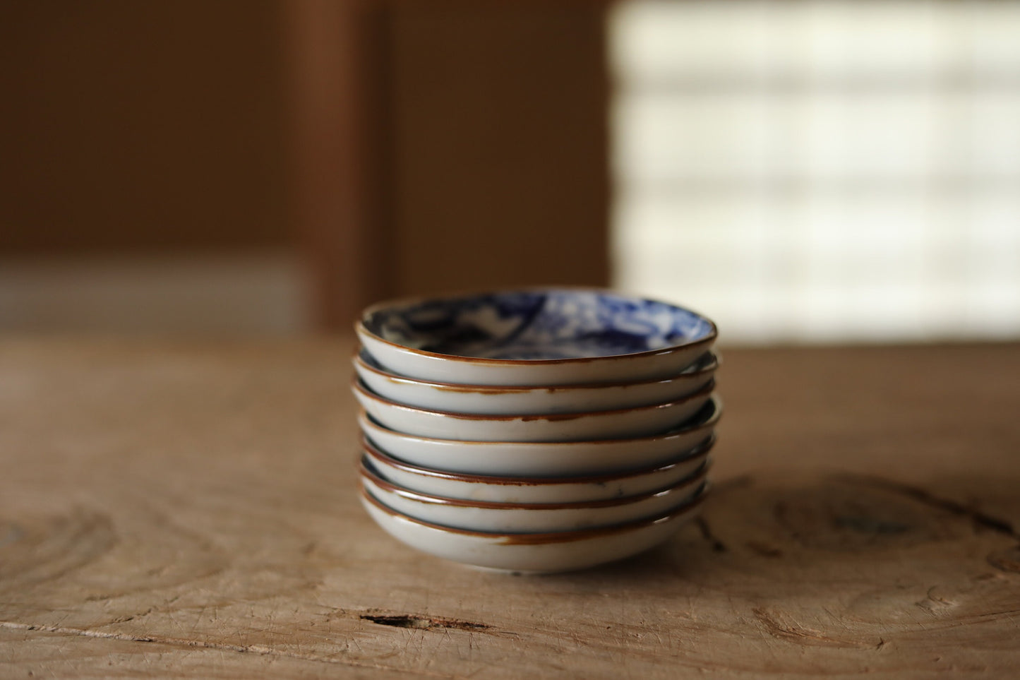 Set of 7 plates Japanese vintage 1920s fine porcelain ceramic small dish Blue White pattern printing INBAN with Jar design 4.4in/11.3cm