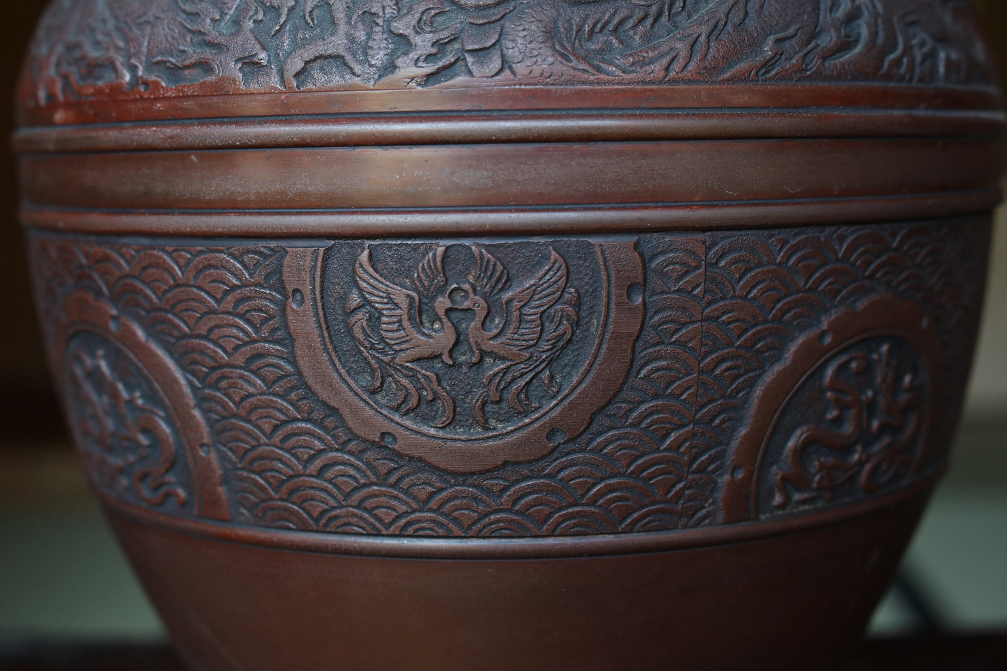 Japanese vintage 1950s bronze vase with relieves of dragons and phoenix, lions handle, Takaoka bronze,Kanji signature H15.4xW7.9in/H39×20cm