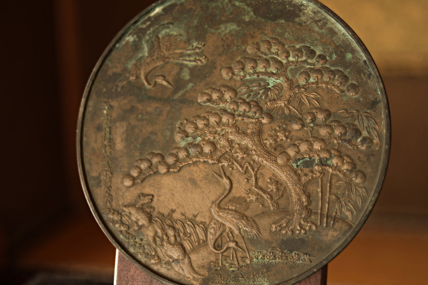 Japanese antique bronze mirror Kagami with relief of cranes pine with wooden case traditional Japan Geisha accessory SAMURAI1800sH13.2×9.3in