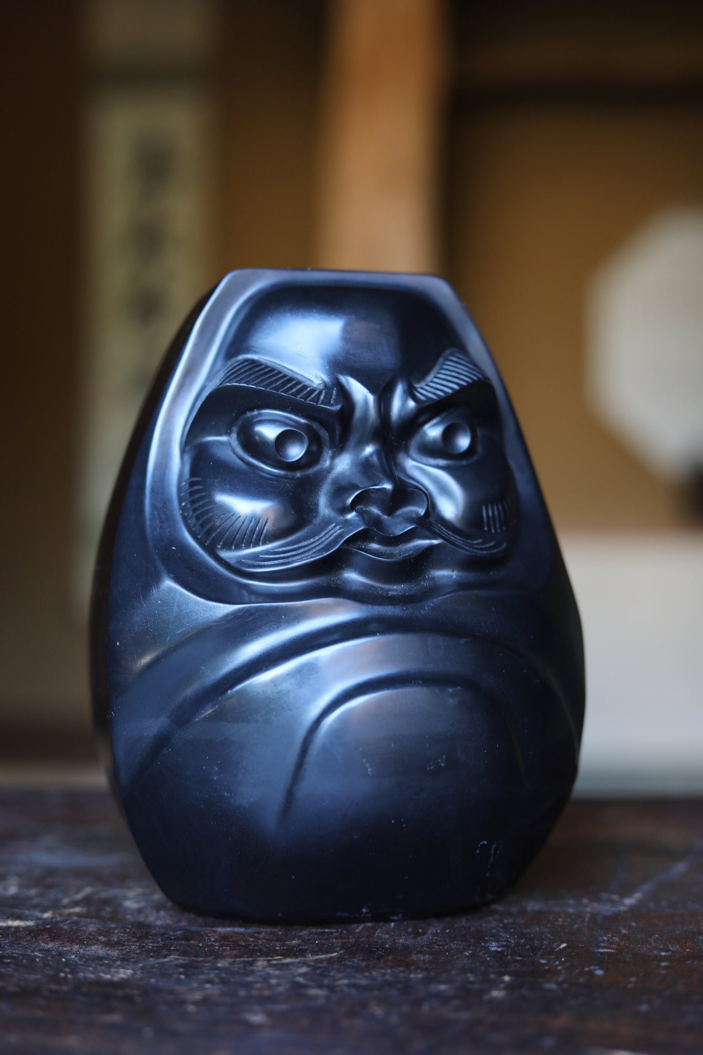 Japanese vintage stone doll Figurine of traditional Japanese character DARUMA 那智黒Nachiguro black stone H7.3×5.5in/H18.5×14cm