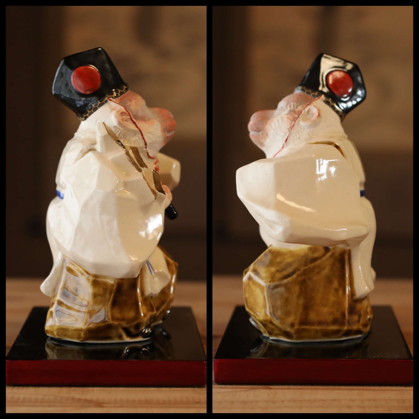 Japanese vintage 1960s pottery Monkey Shrine Dancing doll statue with Kanji signature, animal ornament hand craft For GIFT H6.1in/H15.5cm