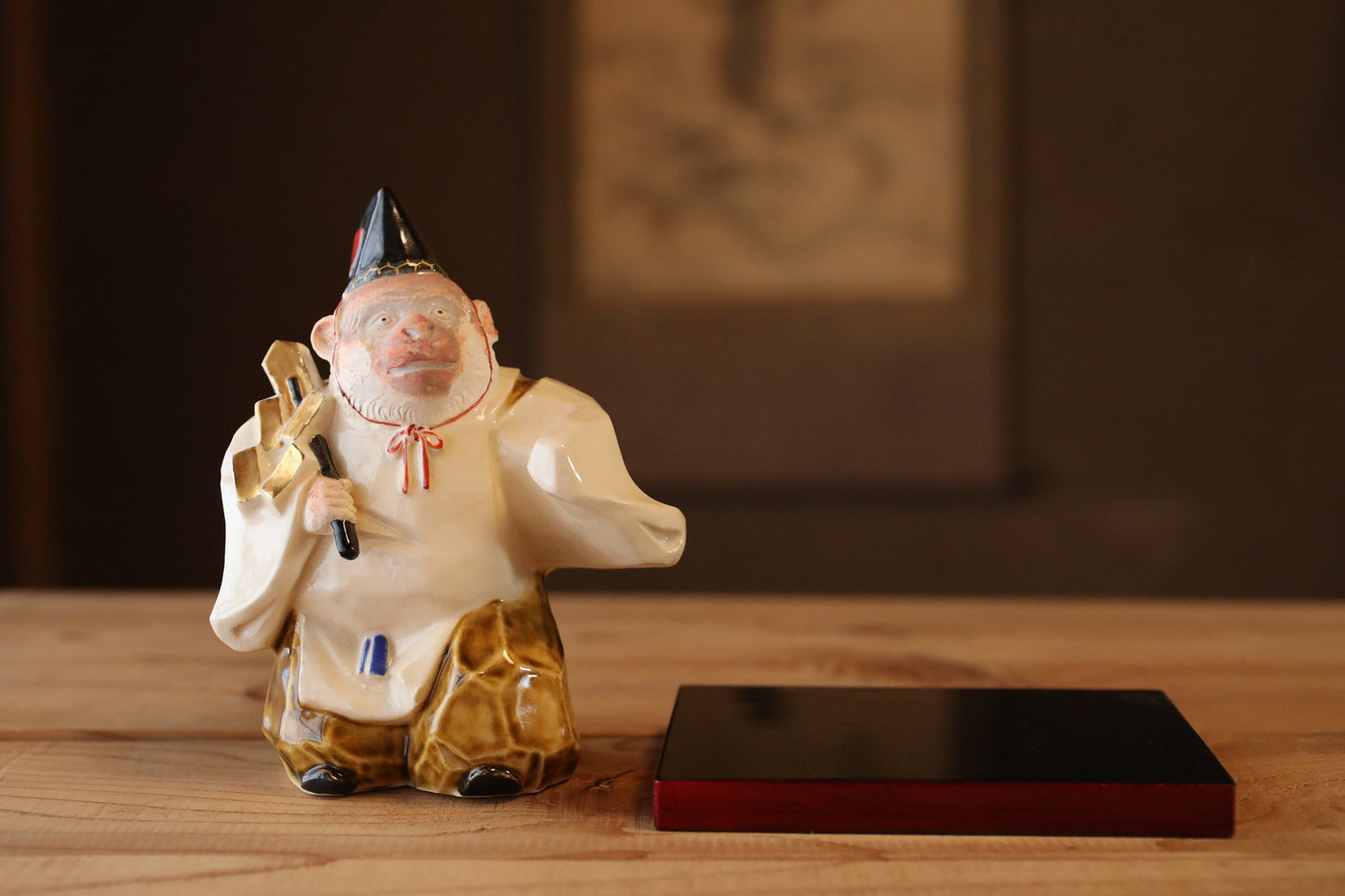 Japanese vintage 1960s pottery Monkey Shrine Dancing doll statue with Kanji signature, animal ornament hand craft For GIFT H6.1in/H15.5cm