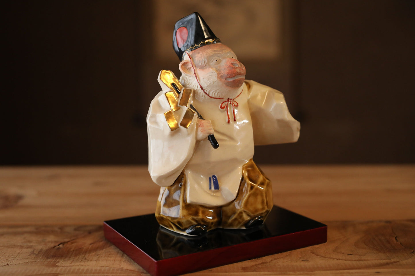 Japanese vintage 1960s pottery Monkey Shrine Dancing doll statue with Kanji signature, animal ornament hand craft For GIFT H6.1in/H15.5cm