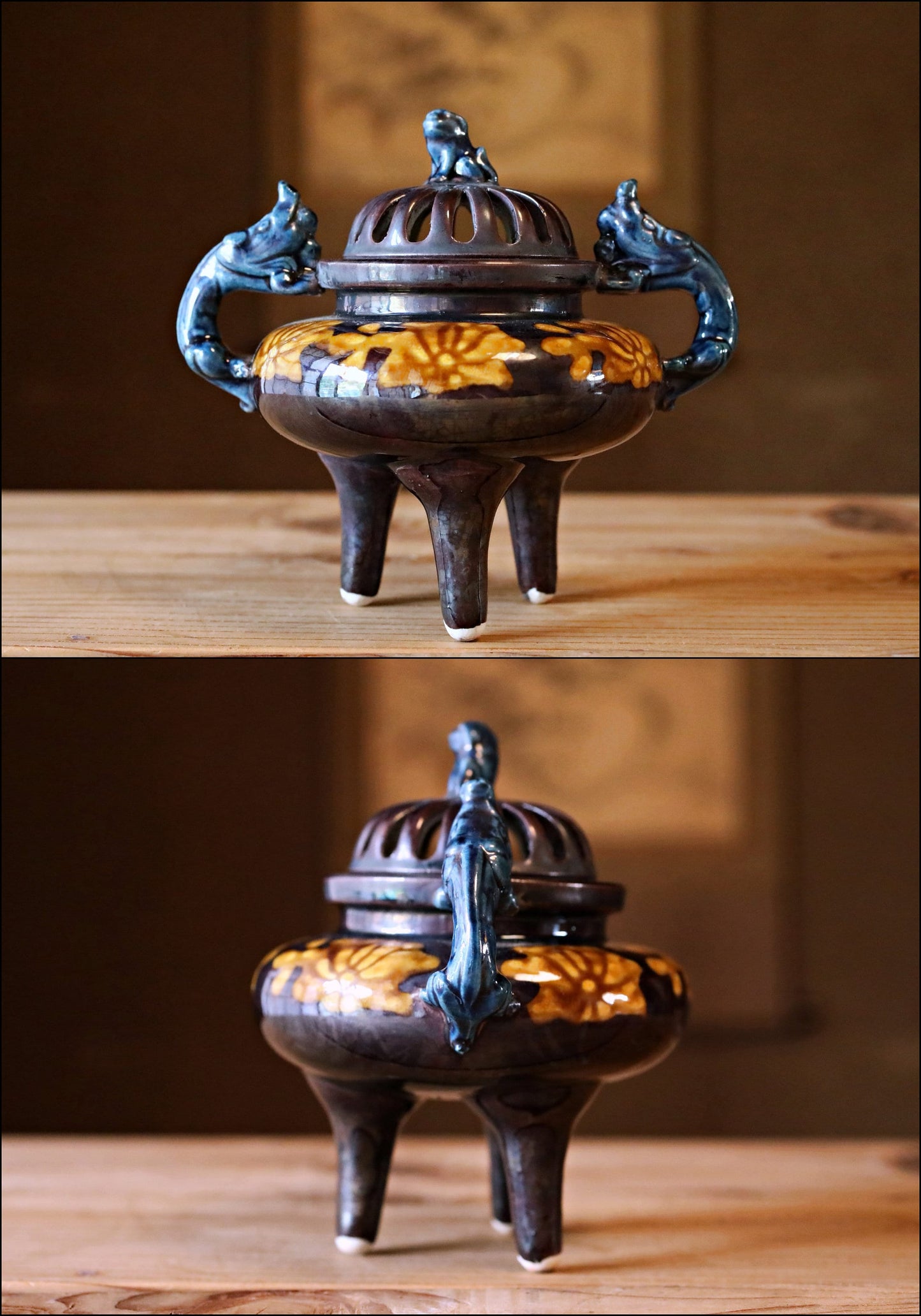 Japanese vintage 1970s KUTANI Cochin ware porcelain incense burner blue dragons deep purple For GIFT H5.1×5.5in/H13×14cm