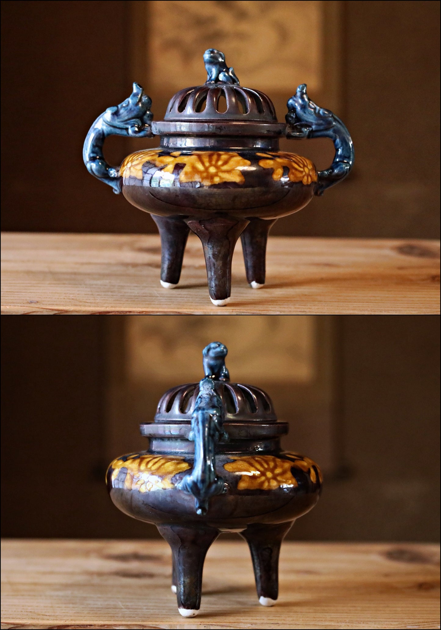 Japanese vintage 1970s KUTANI Cochin ware porcelain incense burner blue dragons deep purple For GIFT H5.1×5.5in/H13×14cm