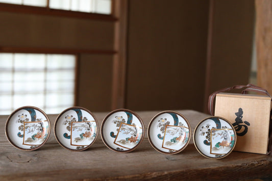 Japanese antique plates set of Five old Kutani ware porcelain small dishes, beautiful flowers pattern tableware with wooden box 3.7in/9.5cm