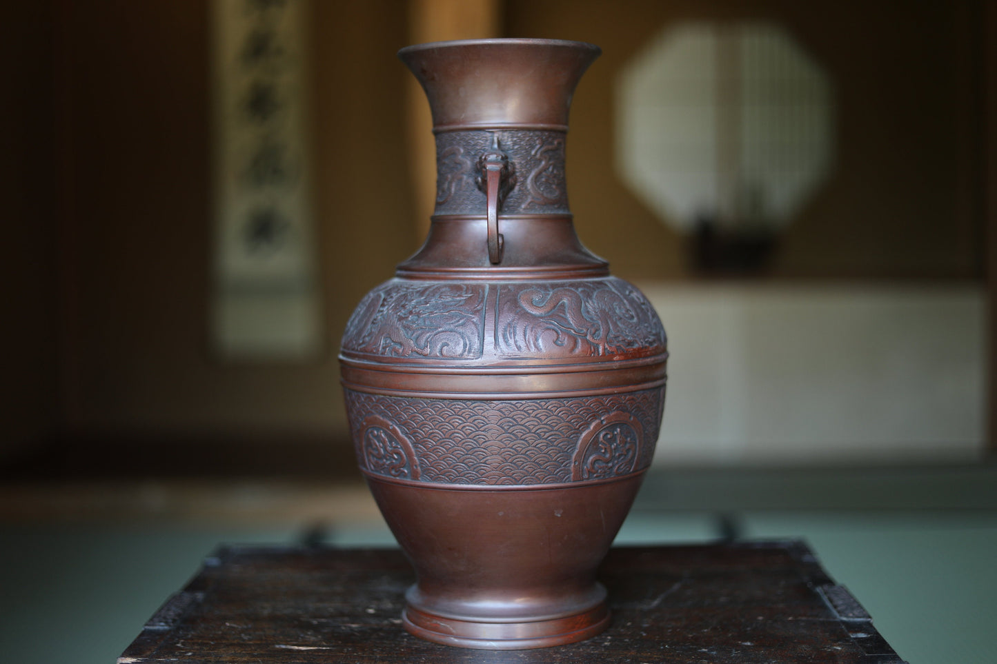 Japanese vintage 1950s bronze vase with relieves of dragons and phoenix, lions handle, Takaoka bronze,Kanji signature H15.4xW7.9in/H39×20cm