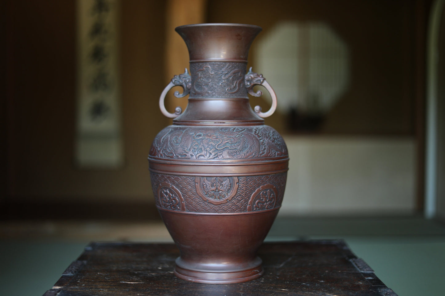 Japanese vintage 1950s bronze vase with relieves of dragons and phoenix, lions handle, Takaoka bronze,Kanji signature H15.4xW7.9in/H39×20cm