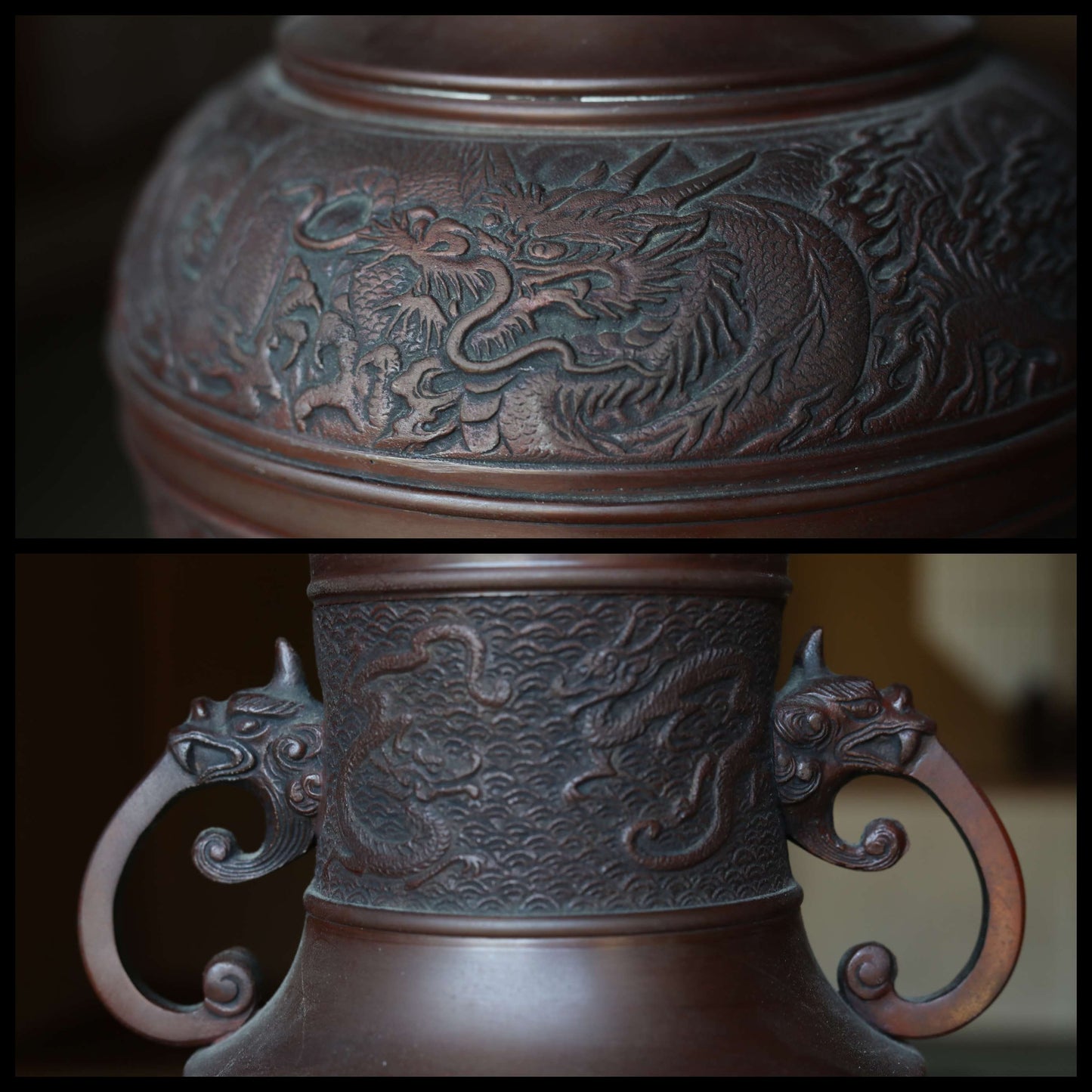 Japanese vintage 1950s bronze vase with relieves of dragons and phoenix, lions handle, Takaoka bronze,Kanji signature H15.4xW7.9in/H39×20cm