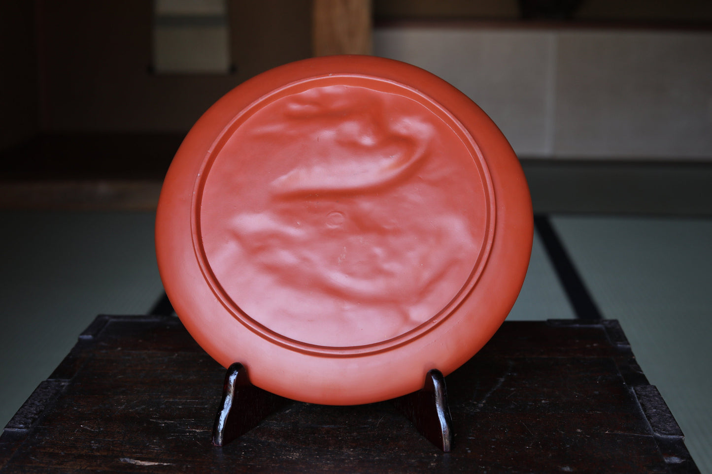 Japanese pottery decoration plate with a relief of Dragon climbing Mt.FUJI unglazed reddish brown pottery For GIFT 11.2in/28.4cm