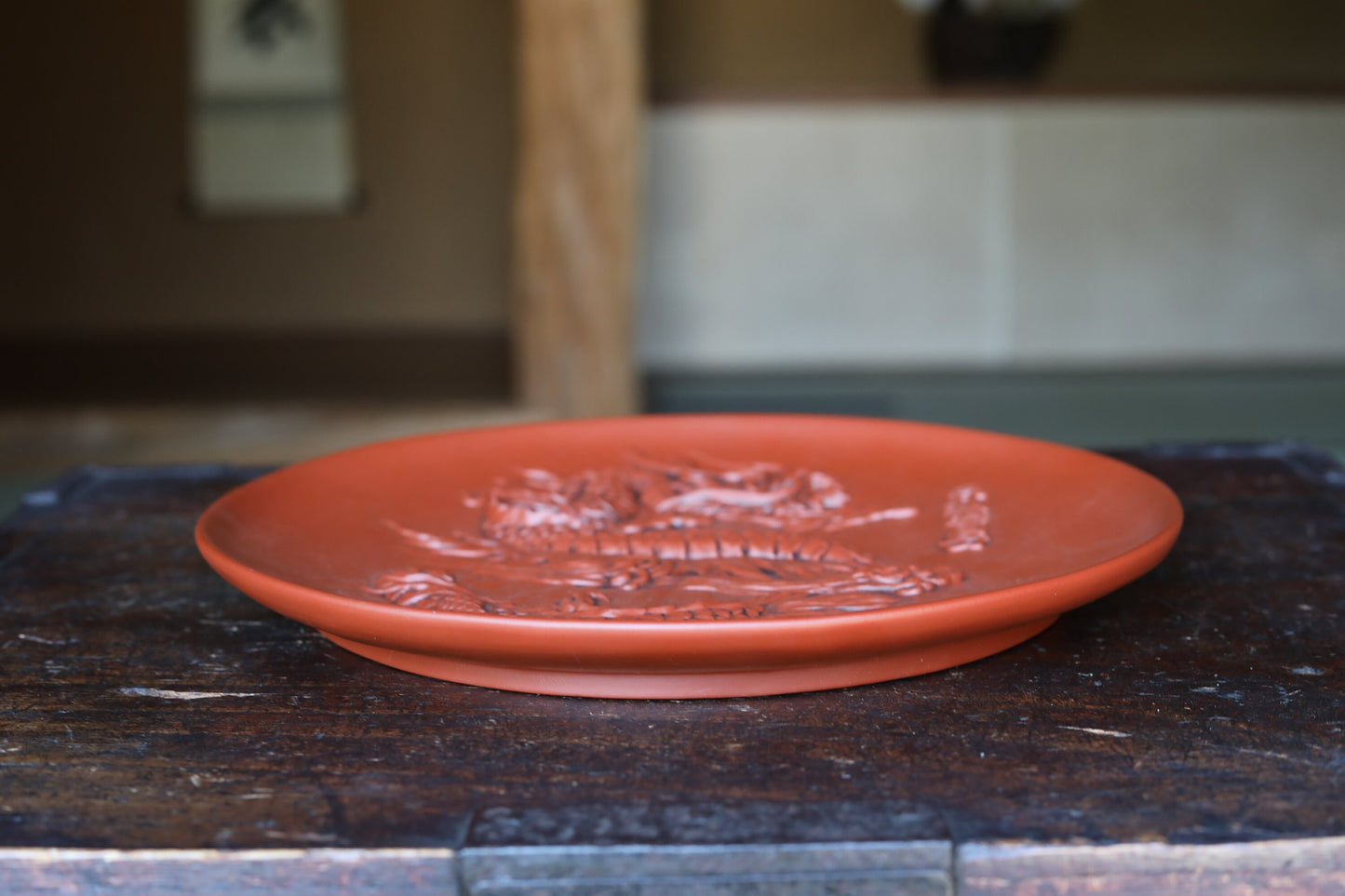 Japanese pottery decoration plate with a relief of Dragon climbing Mt.FUJI unglazed reddish brown pottery For GIFT 11.2in/28.4cm