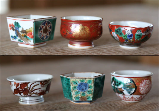 Set of 6 "kutani" Japanese sake cups with different Forms and patterns made of porcelain, Japanese vintage imari with wooden box For GIFT