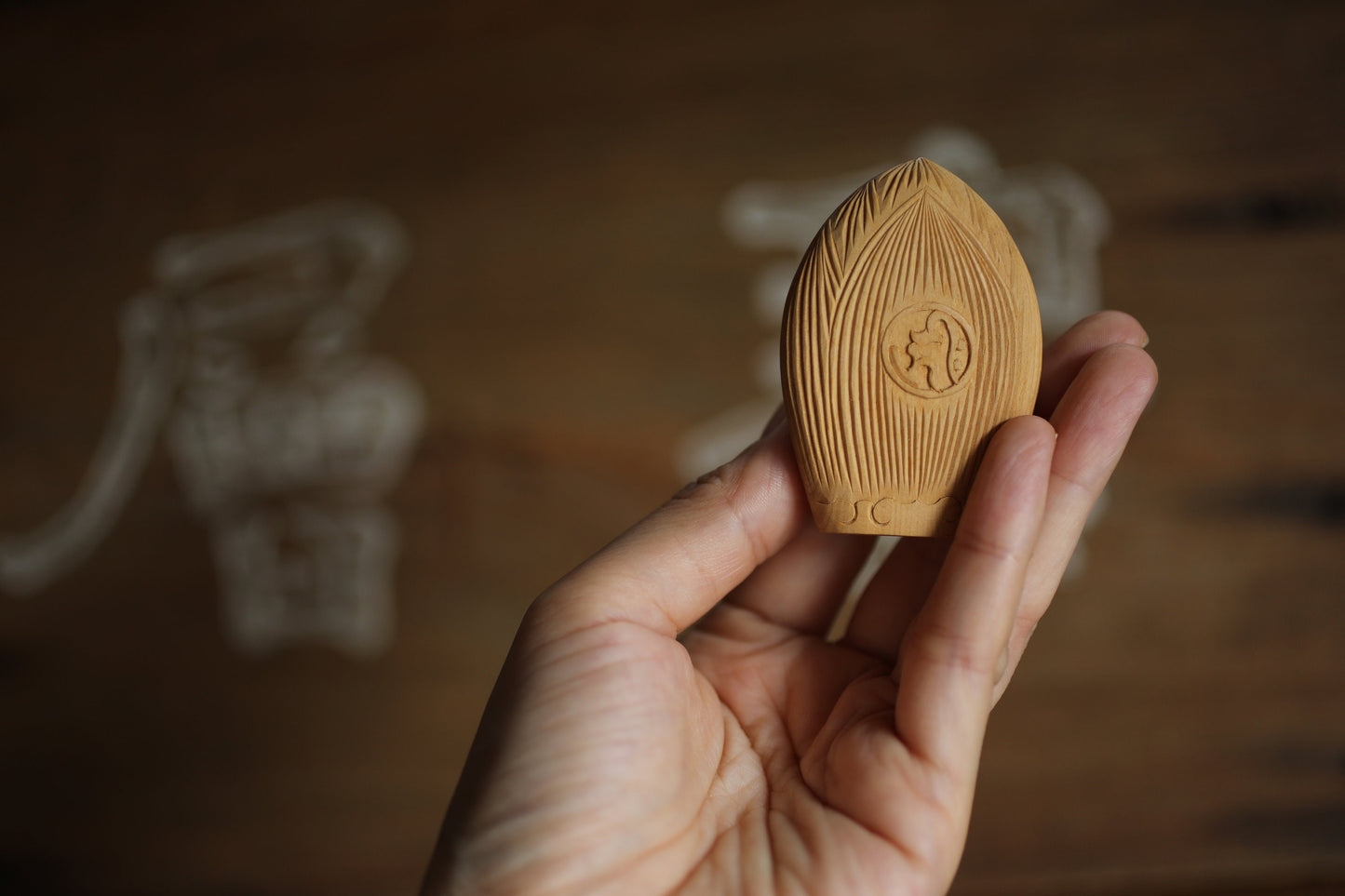 Japanese vintage Buddha Amulet Thousand Armed Avalokiteshwara OMAMORI made of wood hand craft Buddhist temple H2.4in