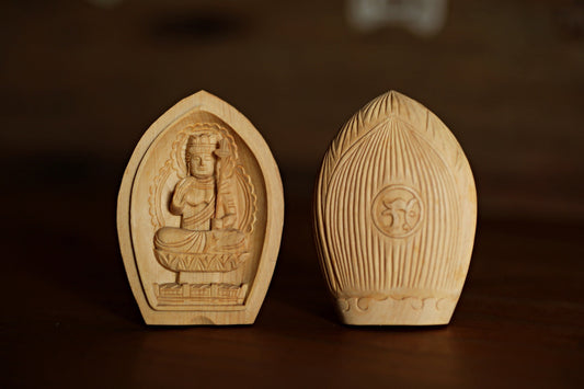 Japanese vintage zodiac Buddha Amulet Akasagarbha (bodhisattva) OMAMORI made of wood hand craft Buddhist temple H2.4in