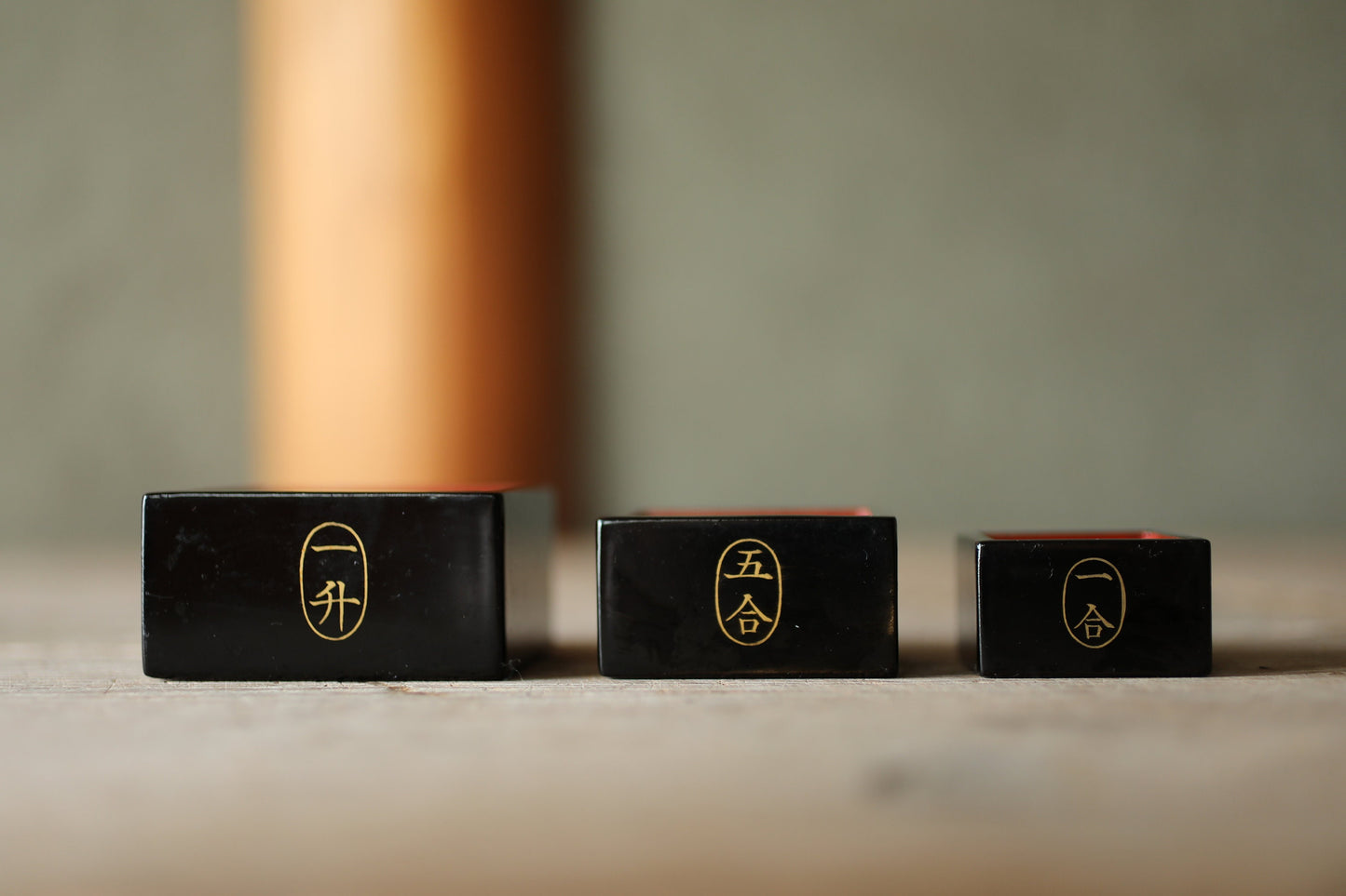 Japanese vintage miniature urushi makie gold sake cups set of 3 wooden cup "升Masu" (rise) with "kanji" black red H1.3×2.5in/H3.2×6.3cm