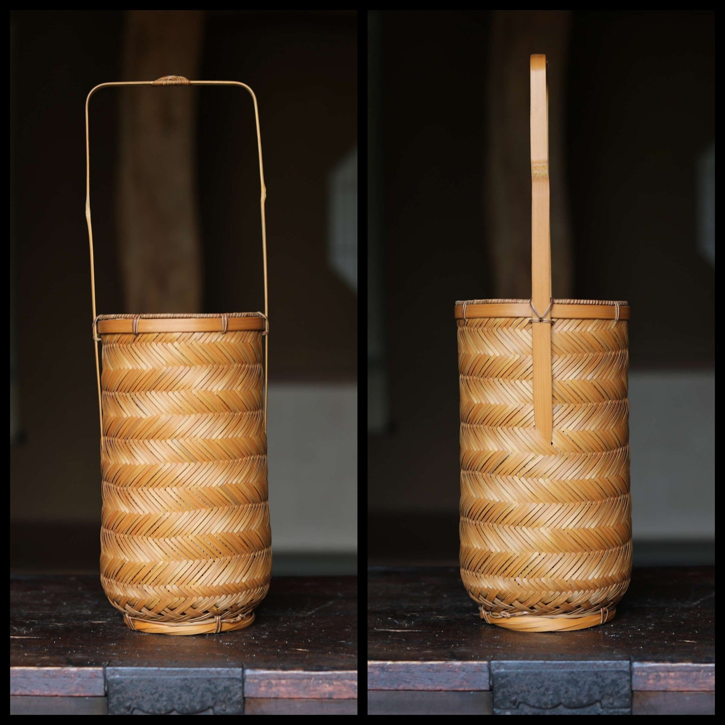 Japanese vintage beautiful bamboo woven vase with sign, for tea ceremony, finely detailed H17.1×5.5in/H43.5×14cm