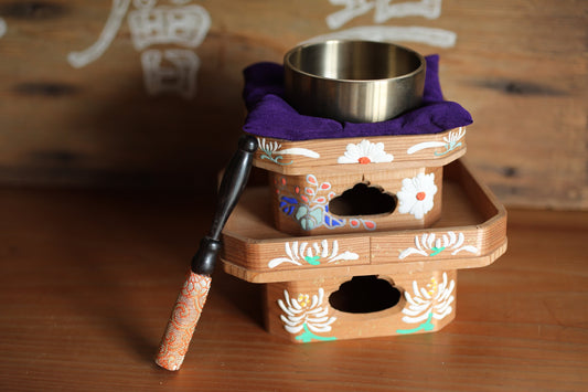 Japanese Bronze buddhist ORIN striker and cushion pedestal set chanting bell,Singing Bowl from Buddhist temple craft ×3.3in