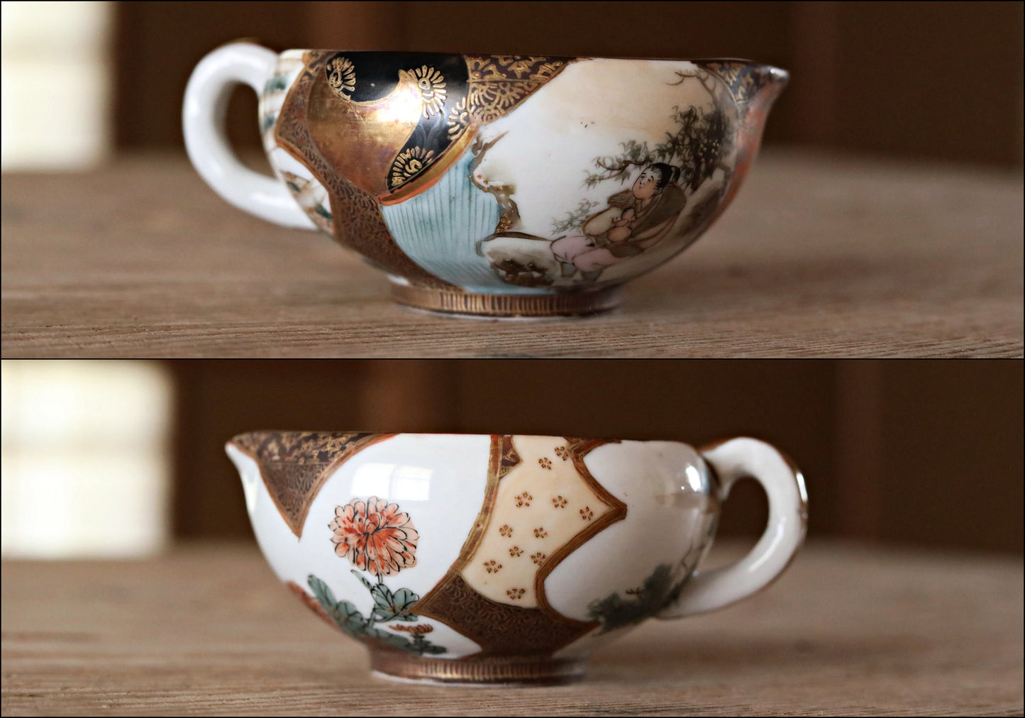 Set of 4 Japanese Antique 1910s green tea cups porcelain craft old 九谷KUTANI gold hand painting crane flower handcraft /sake cups /For GIFT