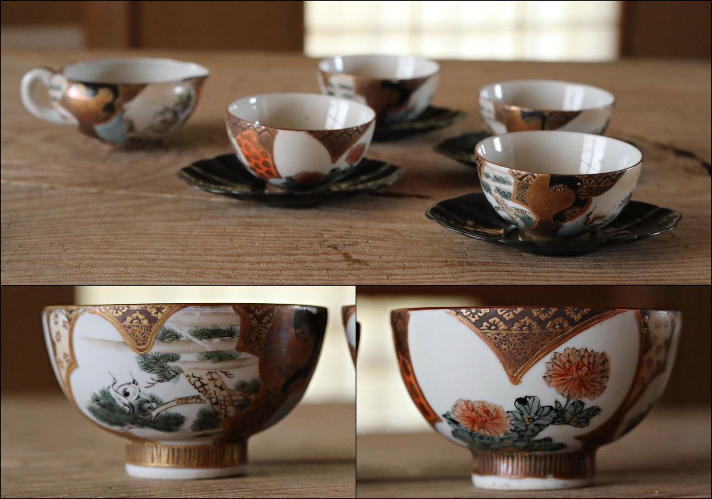 Set of 4 Japanese Antique 1910s green tea cups porcelain craft old 九谷KUTANI gold hand painting crane flower handcraft /sake cups /For GIFT