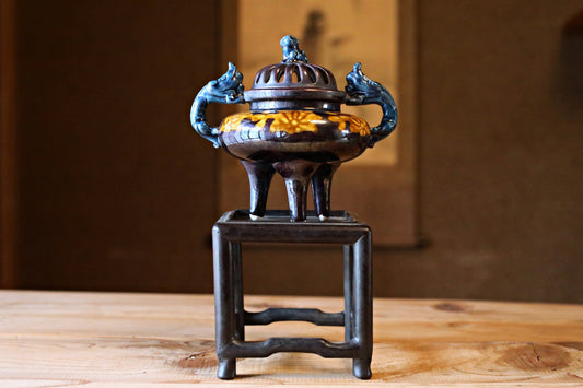 Japanese vintage 1970s KUTANI Cochin ware porcelain incense burner blue dragons deep purple For GIFT H5.1×5.5in/H13×14cm