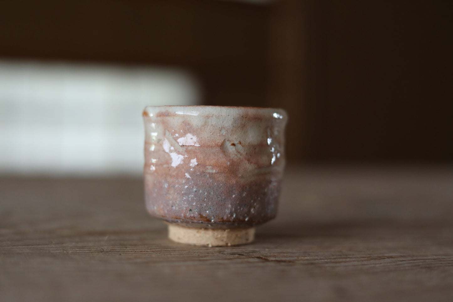 Japanese vintage sake cup HAGI ware ceramic kiln with wooden box tableware For GIFT/ GUINOMI Pale orange-pink gradation