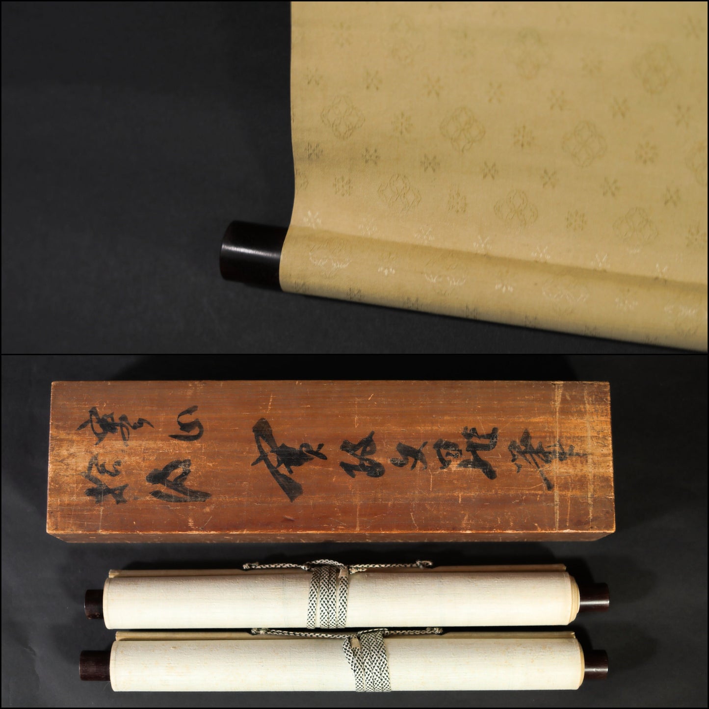 Pair of Japanese antique ink painting scroll Zen Monks 谷文晁, ink and wash hanging scroll Kakejiku with BOX 1900s Kanji sign H74.8in/H190cm