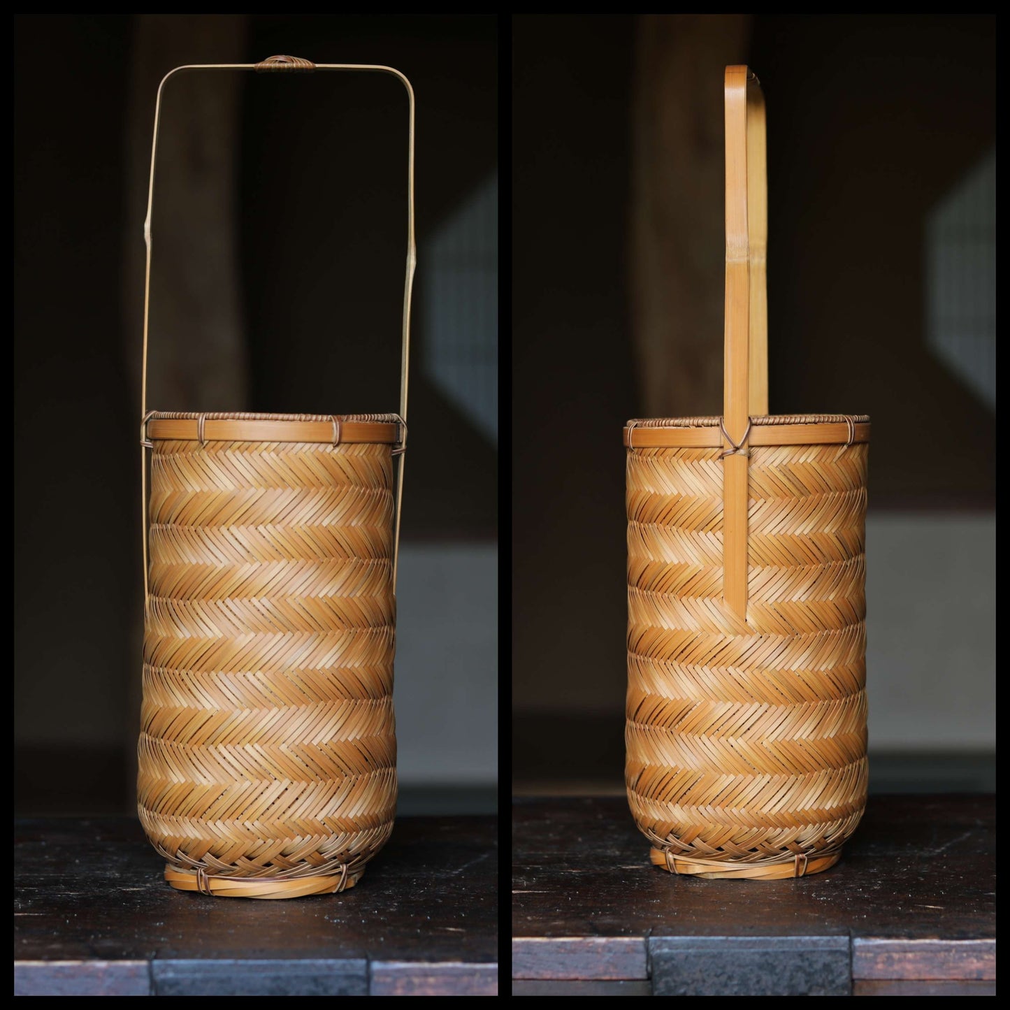 Japanese vintage beautiful bamboo woven vase with sign, for tea ceremony, finely detailed H17.1×5.5in/H43.5×14cm
