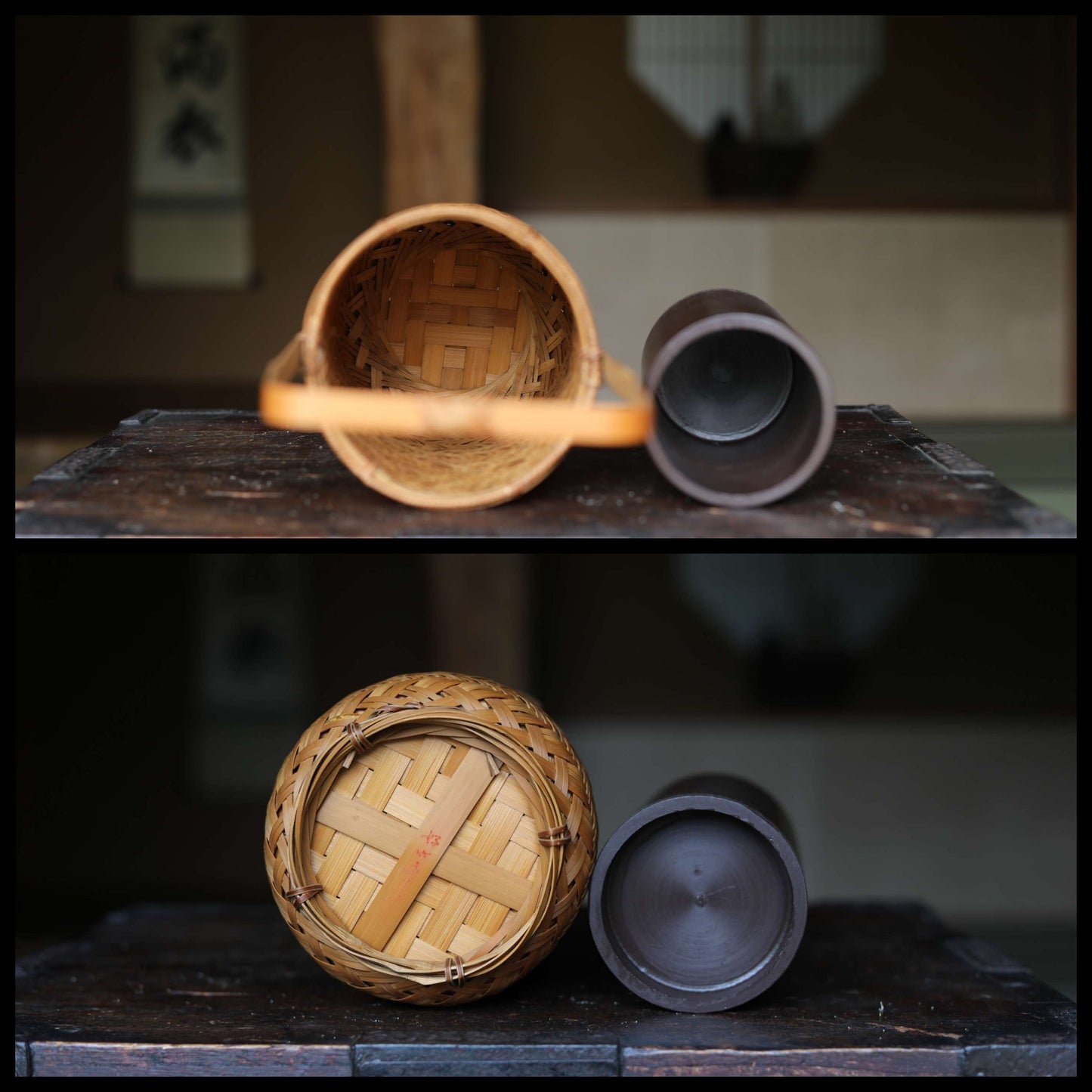 Japanese vintage beautiful bamboo woven vase with sign, for tea ceremony, finely detailed H17.1×5.5in/H43.5×14cm