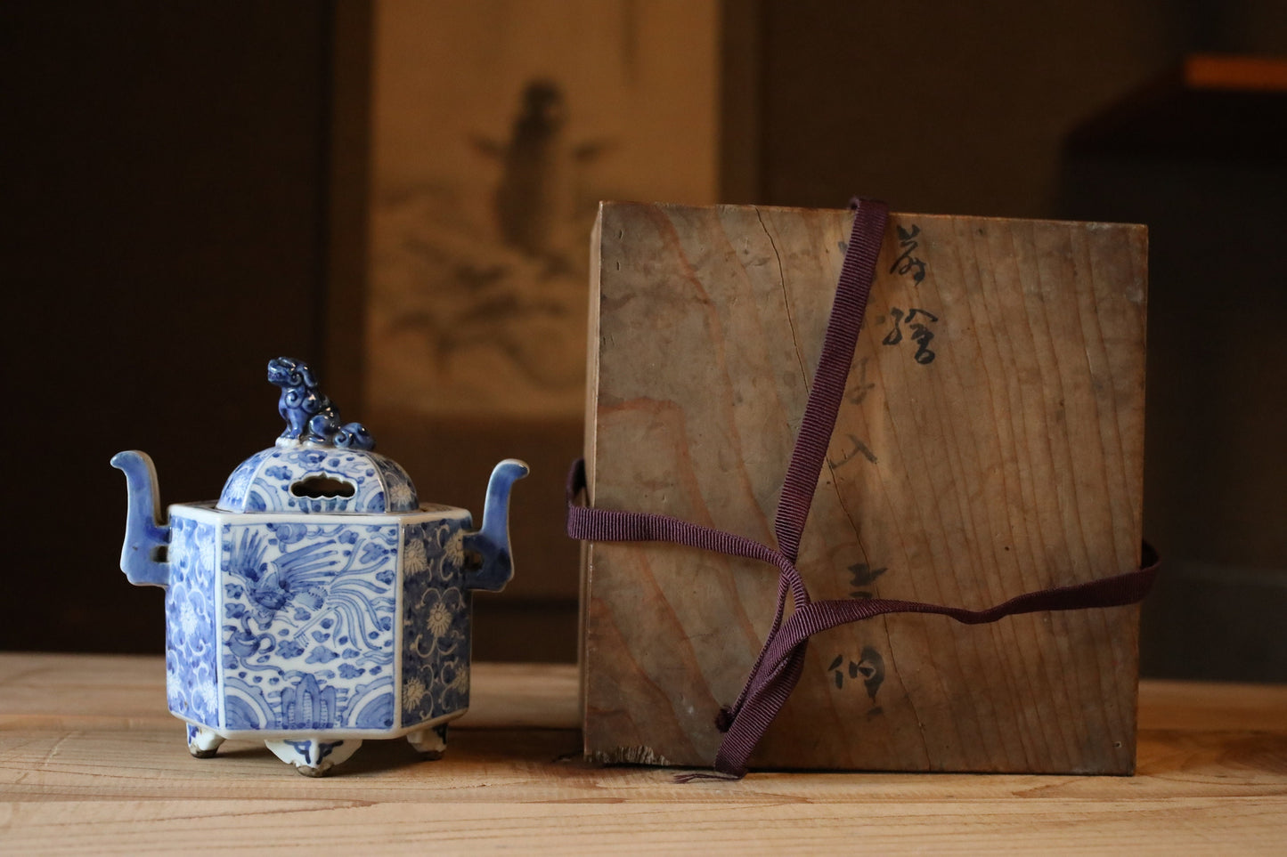Japanese antique 1900s Koimari indigo SHISHI Lion porcelain hexagonal incense burner with painting of dragon and phoenix H5.1×W5.1in/13×13cm