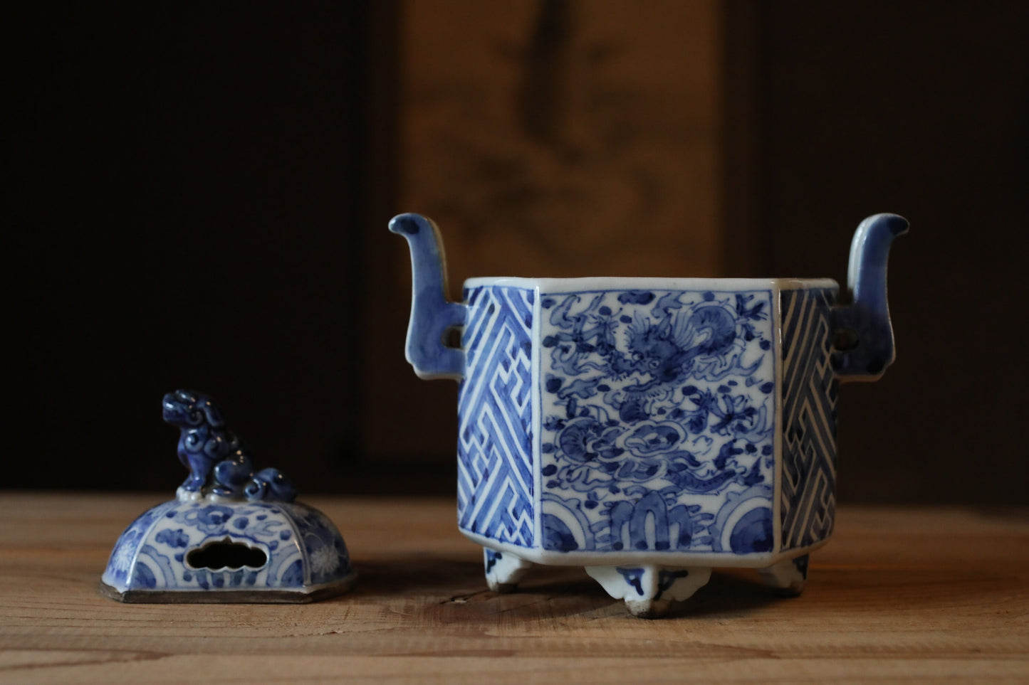 Japanese antique 1900s Koimari indigo SHISHI Lion porcelain hexagonal incense burner with painting of dragon and phoenix H5.1×W5.1in/13×13cm