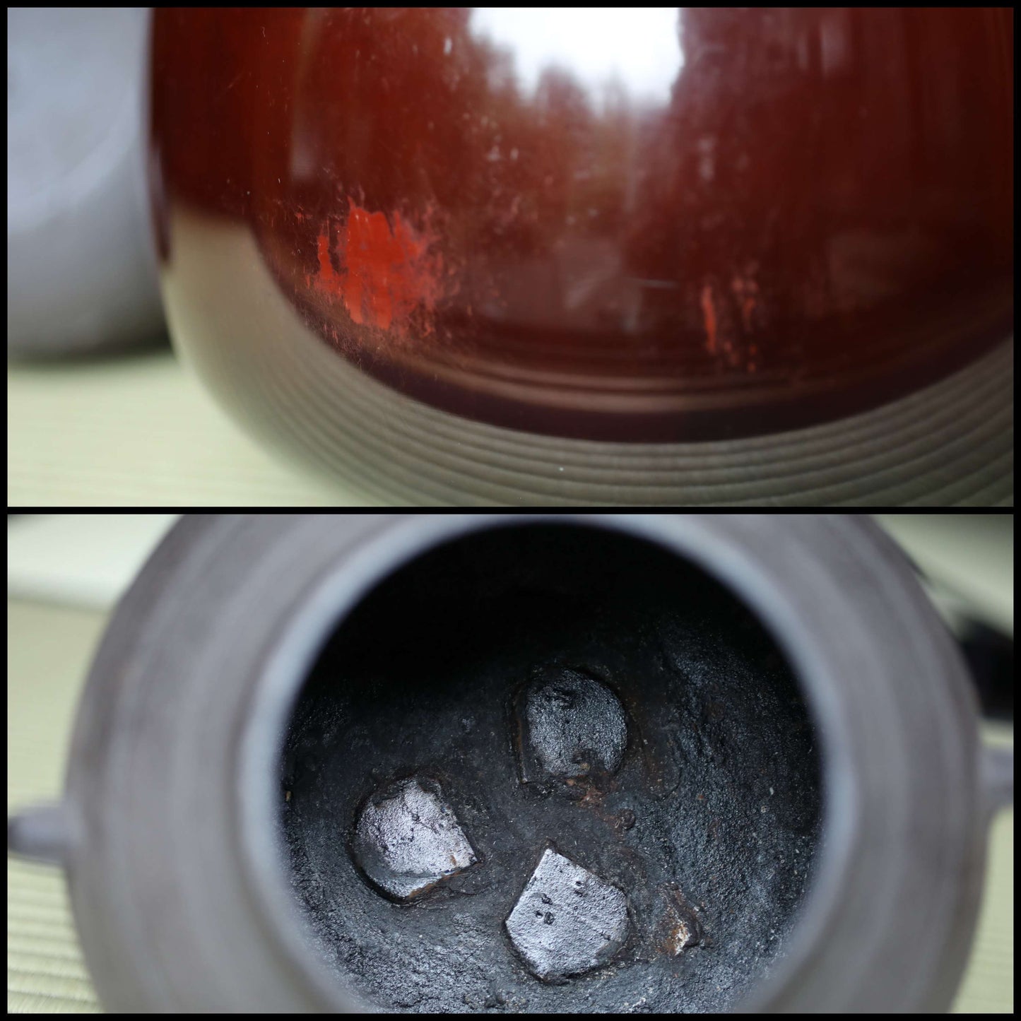 CHAGAMA and FURO Japanese antique bronze brazier and cast iron kettle, For Tea ceremony, Doan furo and Amida gama in 1970s