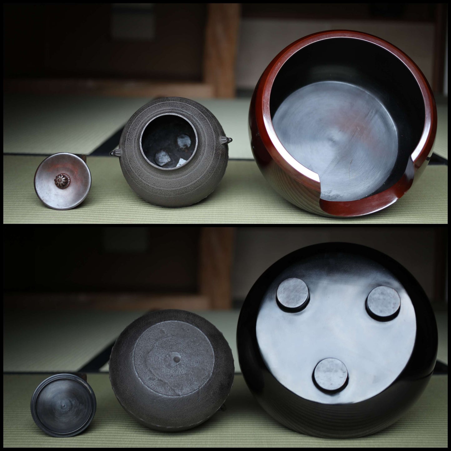 CHAGAMA and FURO Japanese antique bronze brazier and cast iron kettle, For Tea ceremony, Doan furo and Amida gama in 1970s