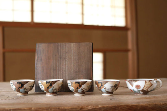 Set of 4 Japanese Antique 1910s green tea cups porcelain craft old 九谷KUTANI gold hand painting crane flower handcraft /sake cups /For GIFT