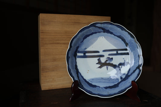 Japanese antique porcelain plate indigo Blue hand painting of Mt.Fuji and birds Authentic platter big dish KOIMARI edo 1800s 11.4in/29cm