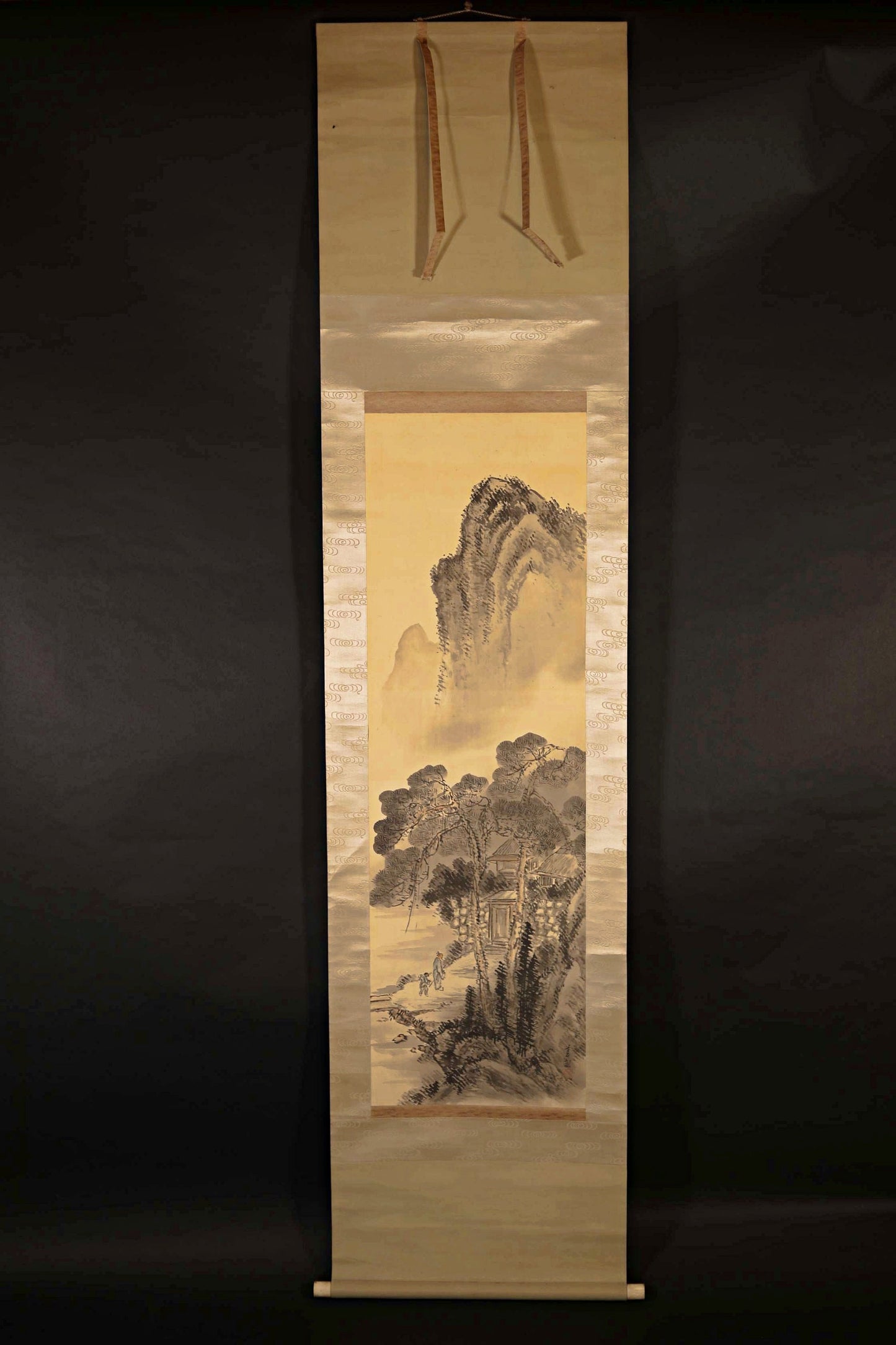 Japanese vintage black ink painting scroll fine Mountains landscapes parent and child, hanging scroll Kakejiku H81.1in/H206cm
