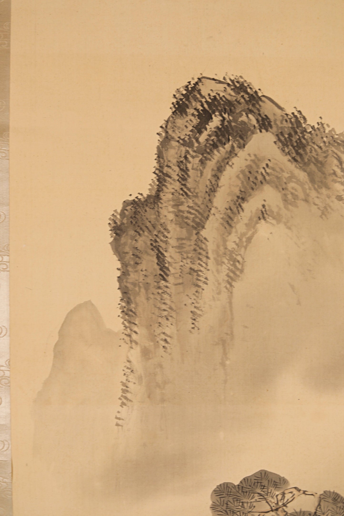 Japanese vintage black ink painting scroll fine Mountains landscapes parent and child, hanging scroll Kakejiku H81.1in/H206cm