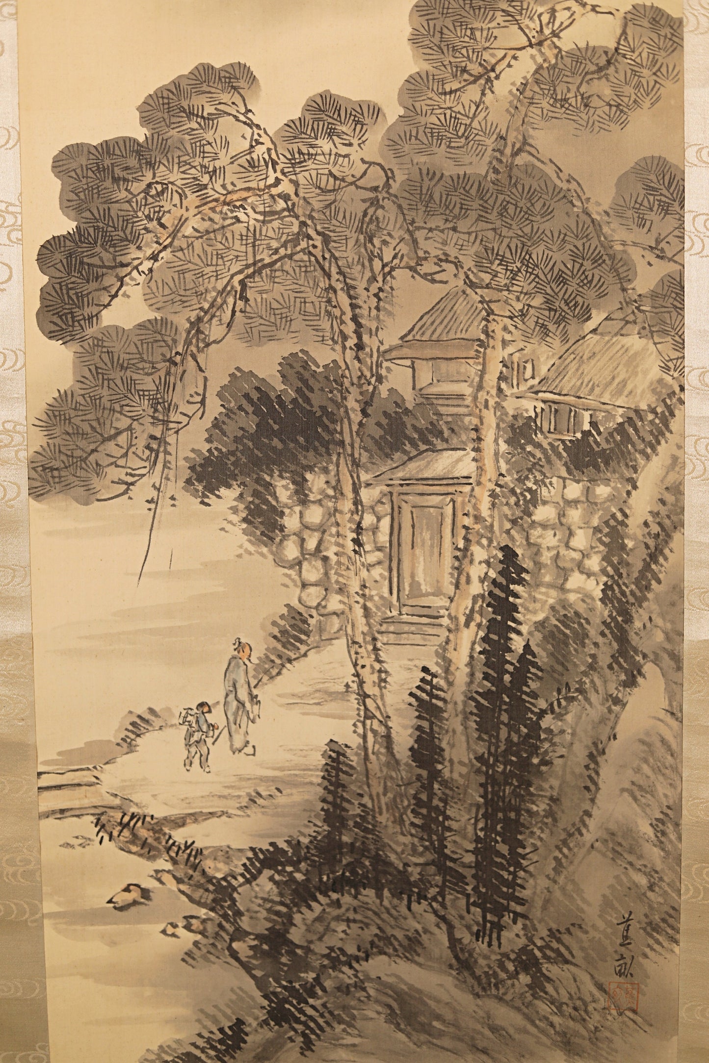 Japanese vintage black ink painting scroll fine Mountains landscapes parent and child, hanging scroll Kakejiku H81.1in/H206cm