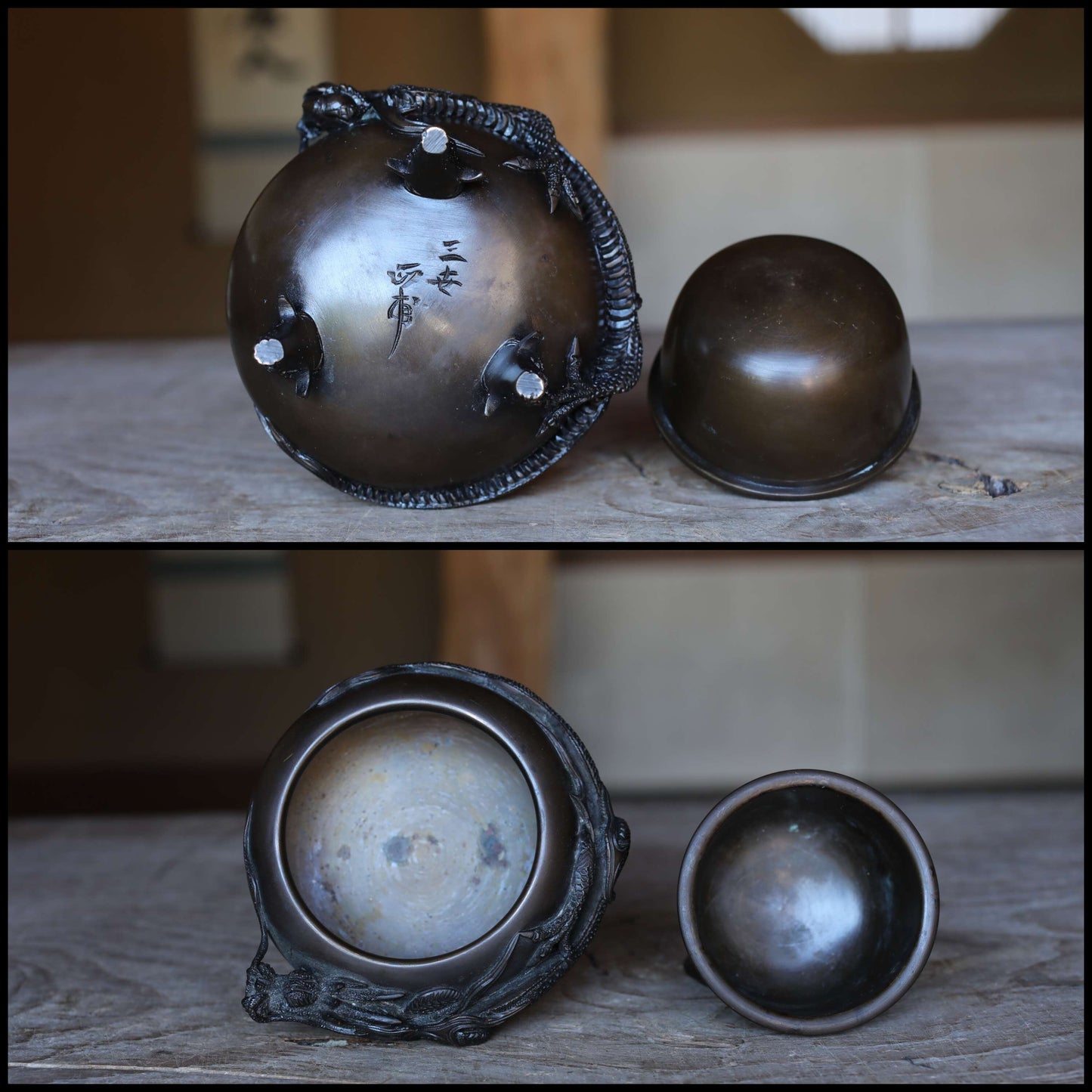 FINE! Japanese antique Dragon Bronze Censer Incense burner cool with Dragon Surrounding Design metal craft Buddhist alter 1900s W5.1in/W13cm