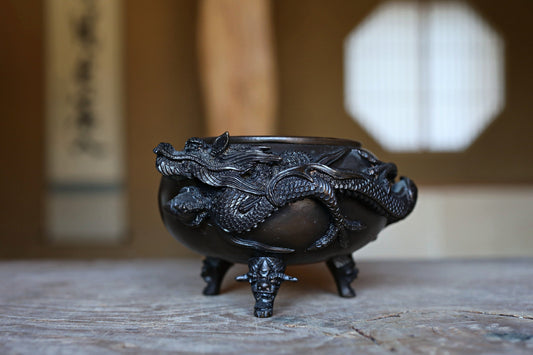 FINE! Japanese antique Dragon Bronze Censer Incense burner cool with Dragon Surrounding Design metal craft Buddhist alter 1900s W5.1in/W13cm