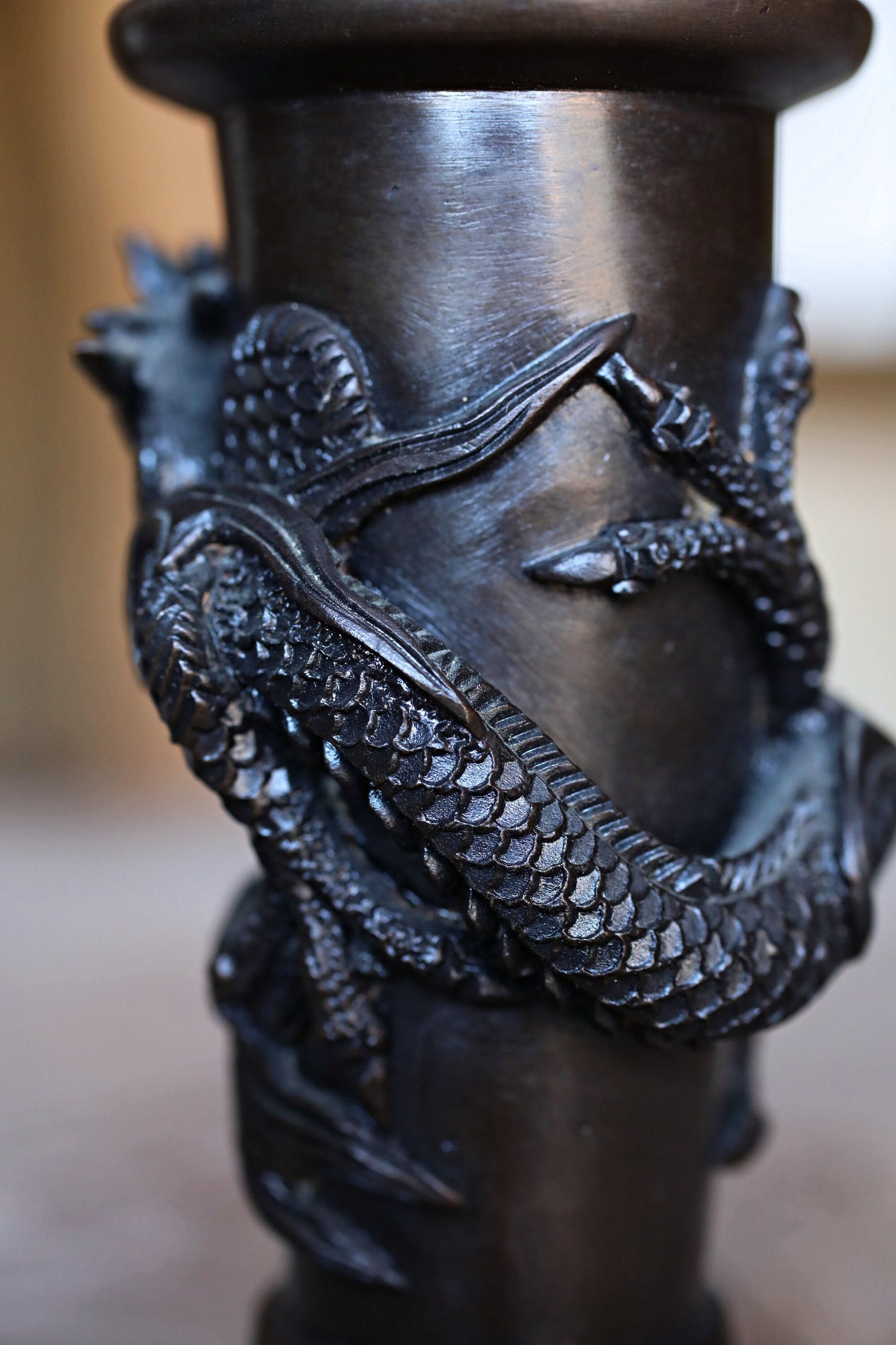 FINE! Japanese antique Dragon Bronze stick incense stand with Dragon Surrounding Design /brush stand /Buddhist alter 1900s W4.1in/W10cm