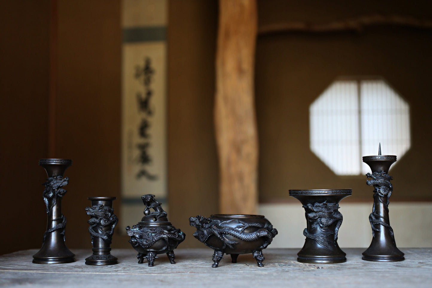 FINE! Japanese antique Dragon Bronze stick incense stand with Dragon Surrounding Design /brush stand /Buddhist alter 1900s W4.1in/W10cm