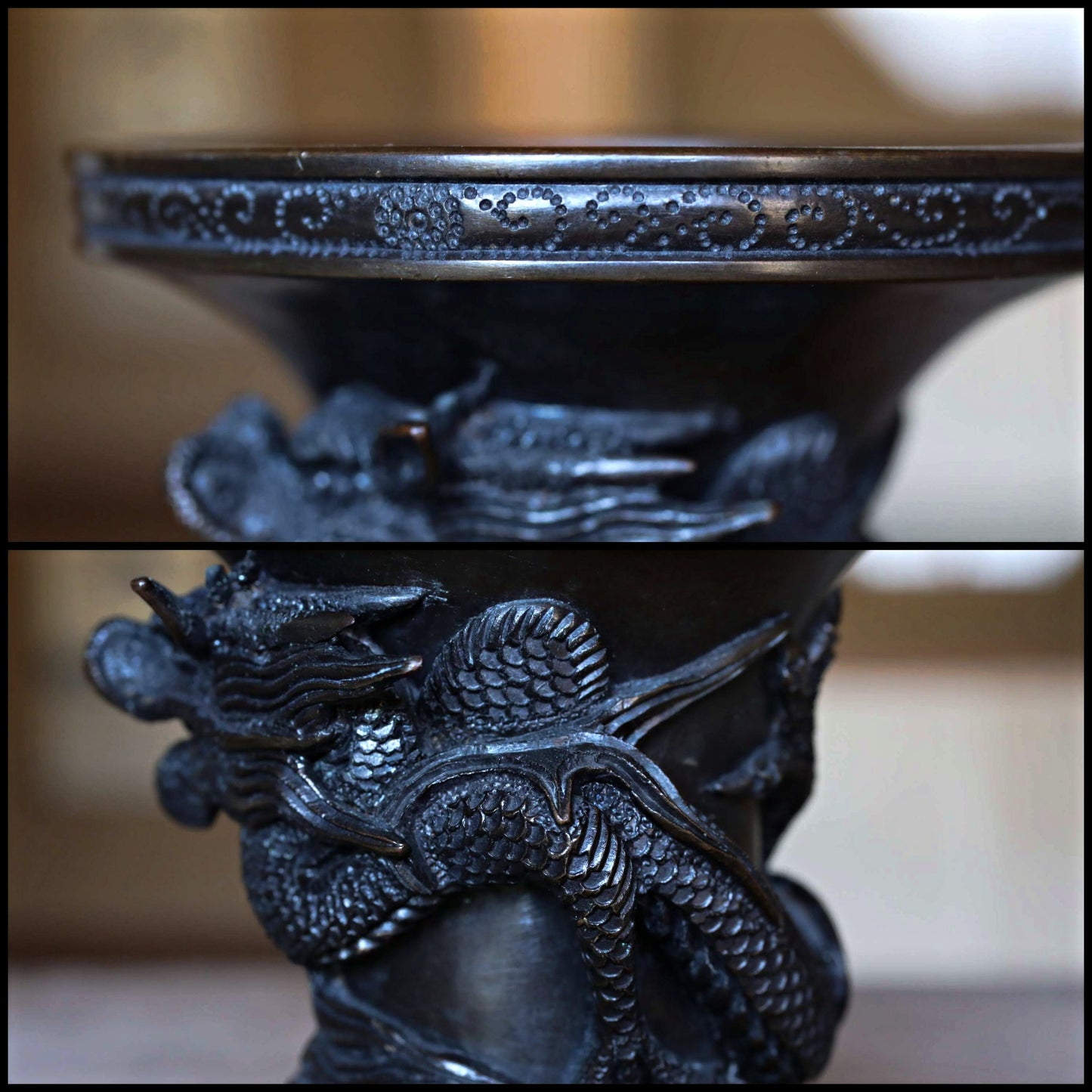 FINE! Japanese antique Dragon Bronze flower vase with Dragon Surrounding Design with sign /brush stand /Buddhist alter 1900s W4.5in/W3.9cm