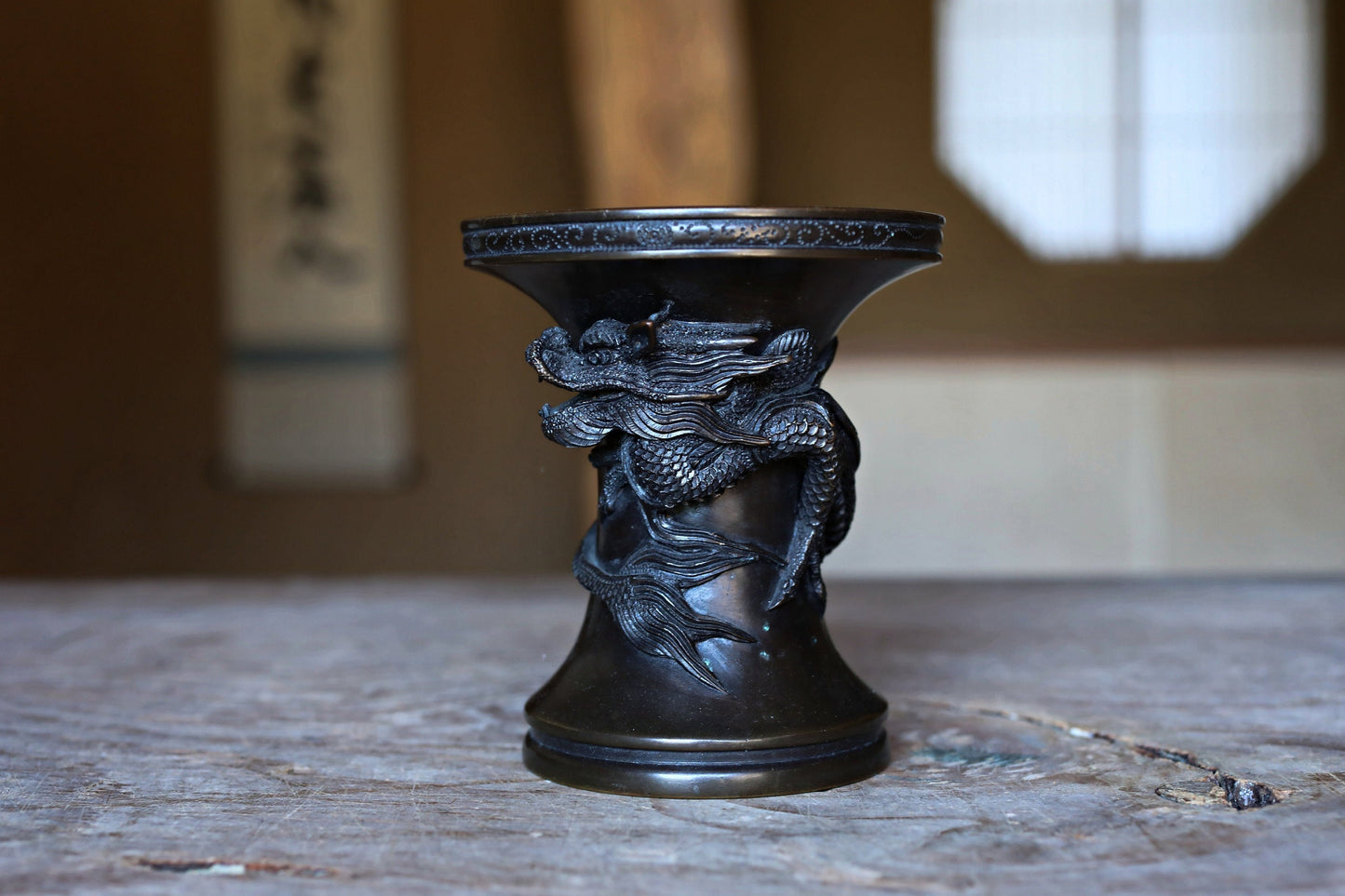 FINE! Japanese antique Dragon Bronze flower vase with Dragon Surrounding Design with sign /brush stand /Buddhist alter 1900s W4.5in/W3.9cm