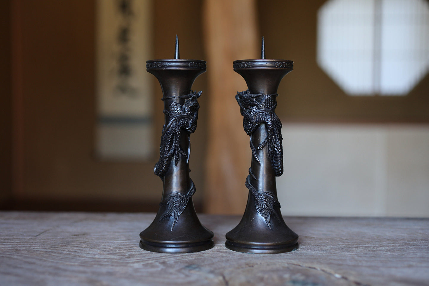 FINE! Pair of Japanese antique Dragon Bronze candlestick candle stand with Dragon Surrounding Design Buddhist alter 1900s H7.71in/H19.5cm
