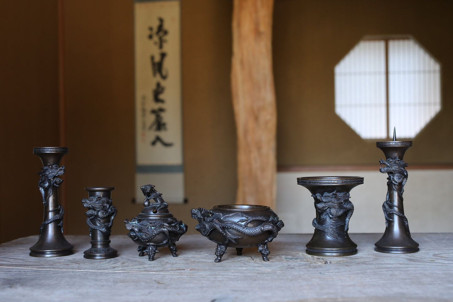 FINE! Pair of Japanese antique Dragon Bronze candlestick candle stand with Dragon Surrounding Design Buddhist alter 1900s H7.71in/H19.5cm